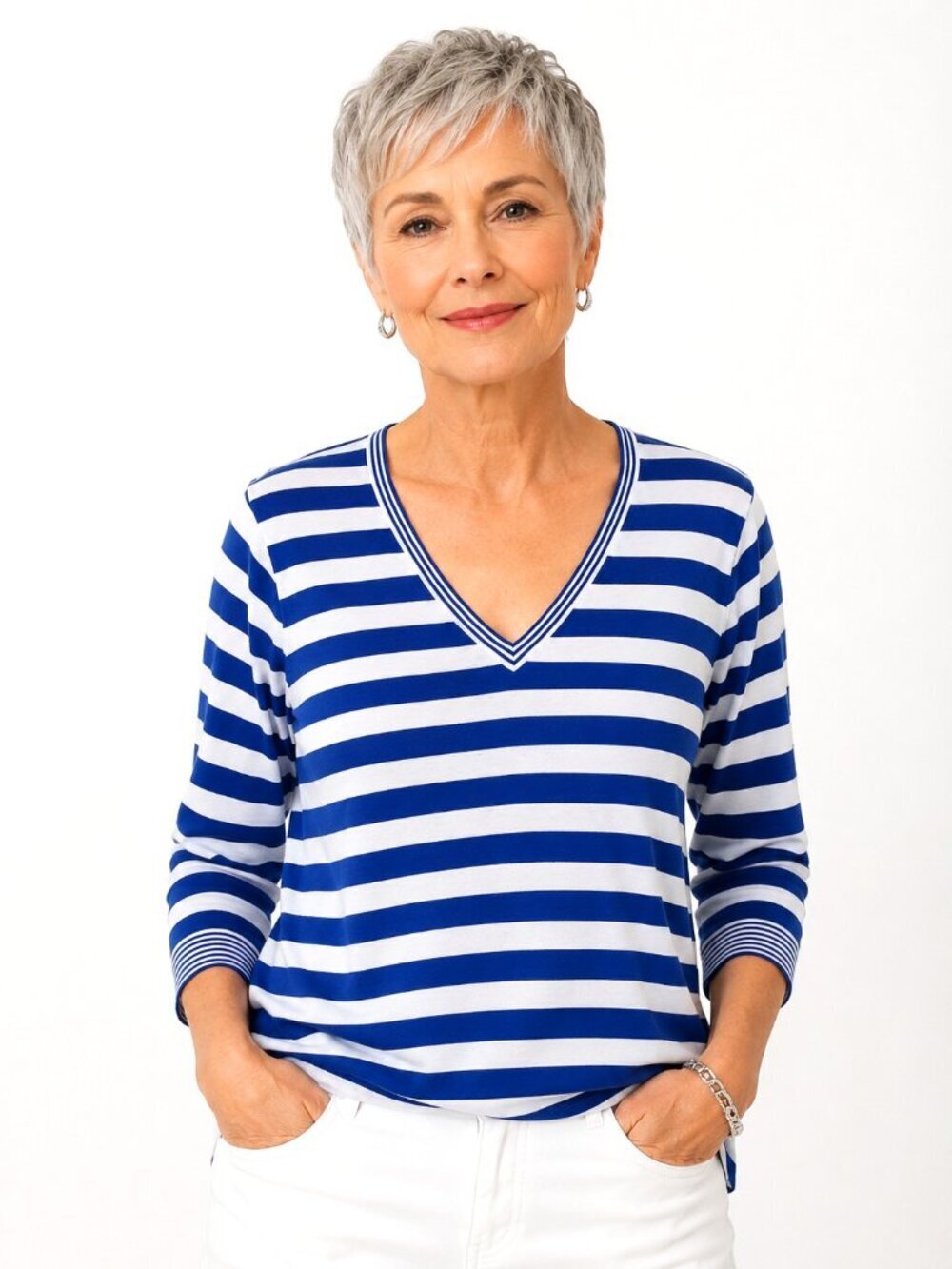 Ellen Tracy Blue White Stripe Silk Blend V-Neck Pullover Sweater